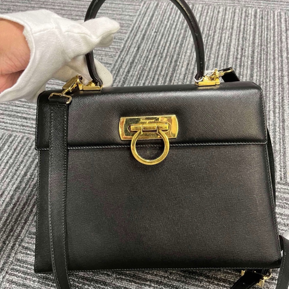 Black Leather Handbag with Gold Accents FERRAGAMO vintage